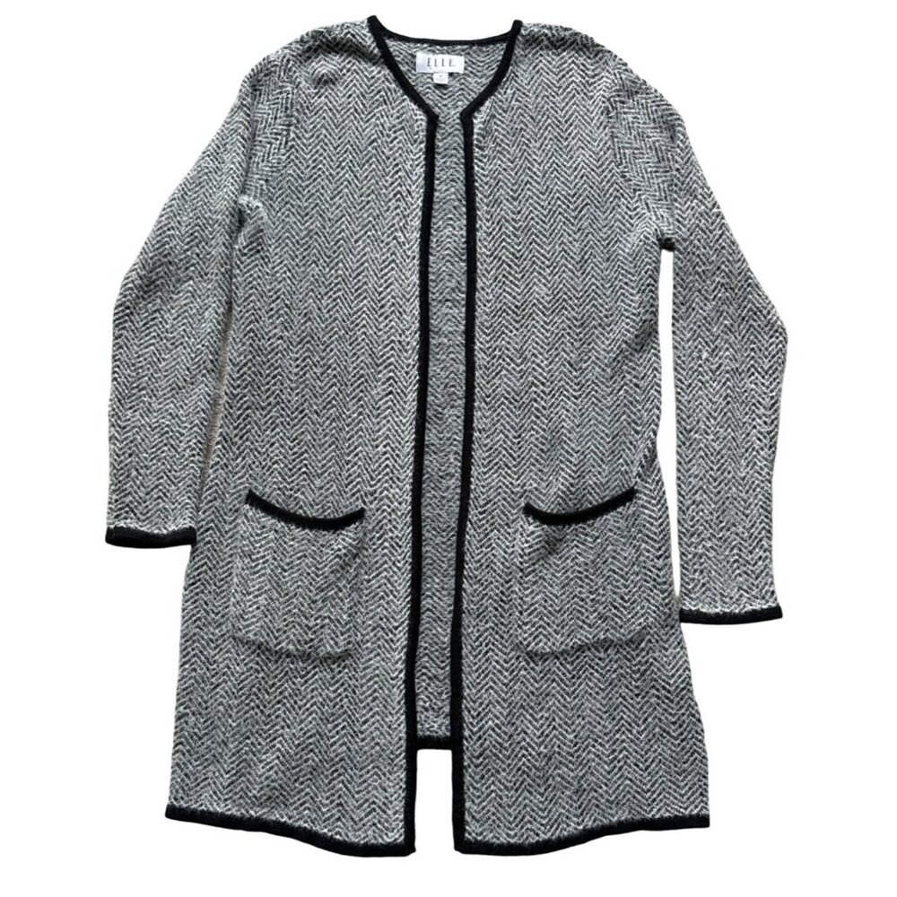 Elle furry yarn black and white chevron with black trim details cardigan